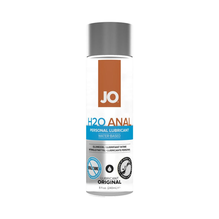 Bottle of JO H2O Anal water-based personal lubricant with silver cap and clear label design.