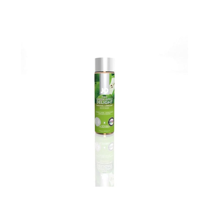 Bottle of Jo H2O Green Apple flavored personal lubricant with green label and silver cap on white background.