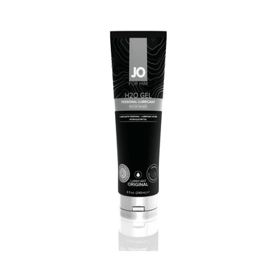 Tube of Jo H2o Gel Original water-based personal lubricant for men with black and gray packaging.