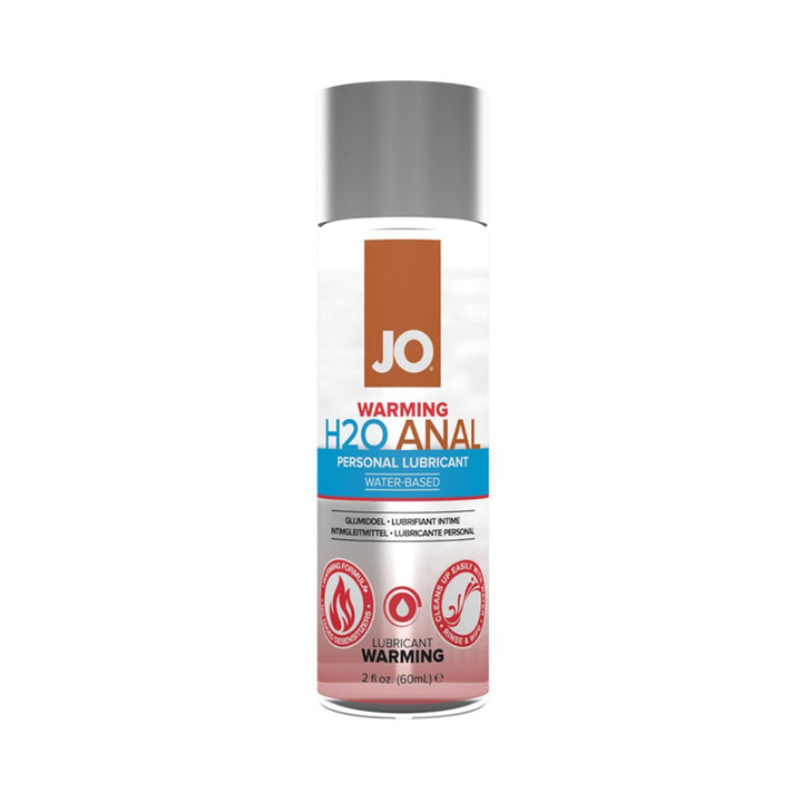 Bottle of Jo H2O Warming Anal water-based personal lubricant with silver cap and clear label.