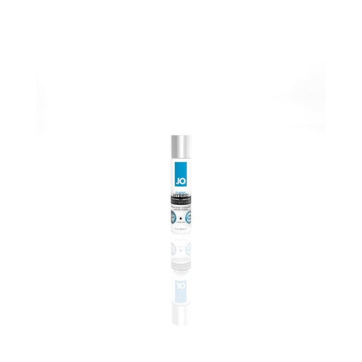 Bottle of JO Hybrid personal lubricant with a silver cap and blue label on a white reflective surface.