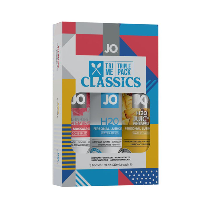 Jo Limited Edition Tri-me Triple Pack featuring three water-based personal lubricants in colorful packaging.