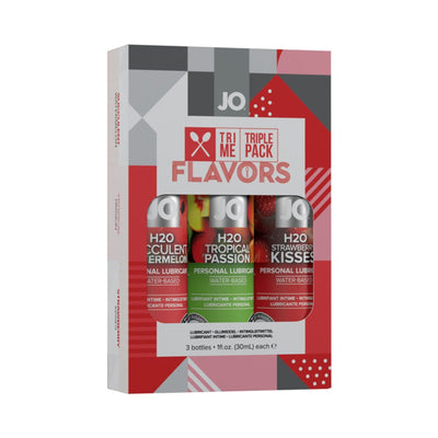 Jo Limited Edition Tri-me Triple Pack with three flavored water-based personal lubricants in colorful packaging.