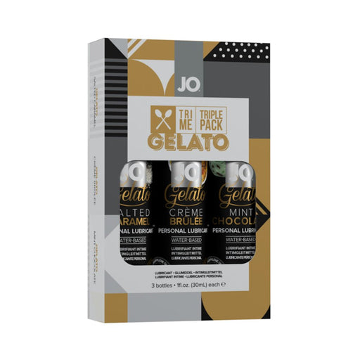 Jo Limited Edition Tri-me Triple Pack Gelato personal lubricants in salted caramel, crème brûlée, and mint chocolate flavors.