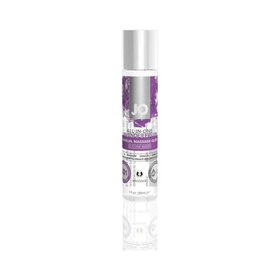 Jo Massage Glide Lavender 1oz bottle with purple label, silicone-based sensual massage glide for smooth touch