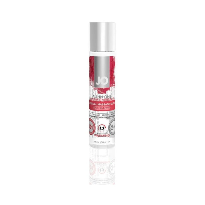 1oz bottle of Jo Massage Glide warming silicone-based massage oil and personal lubricant with red and silver label