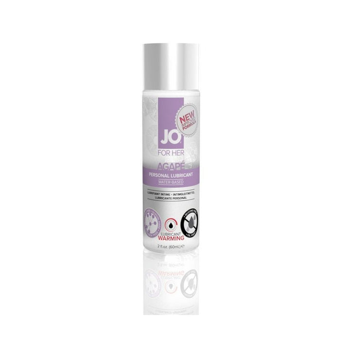 Jo Natural Agape warming water-based personal lubricant for women in a 2oz clear bottle with purple label