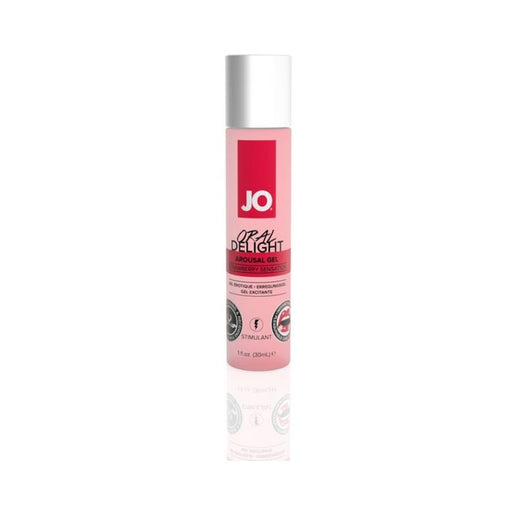 Bottle of Jo Oral Delight Strawberry Sensation arousal gel with pink label and white cap on white background.