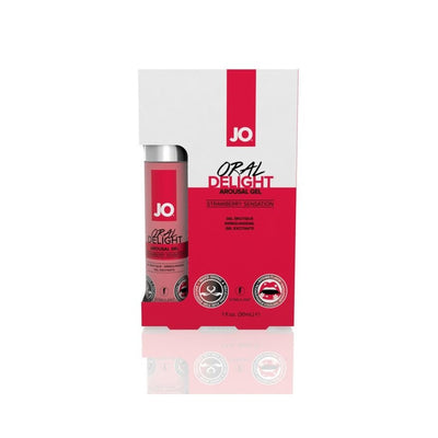 Jo Oral Delight Strawberry Sensation arousal gel 1oz bottle with red and white packaging on white background.