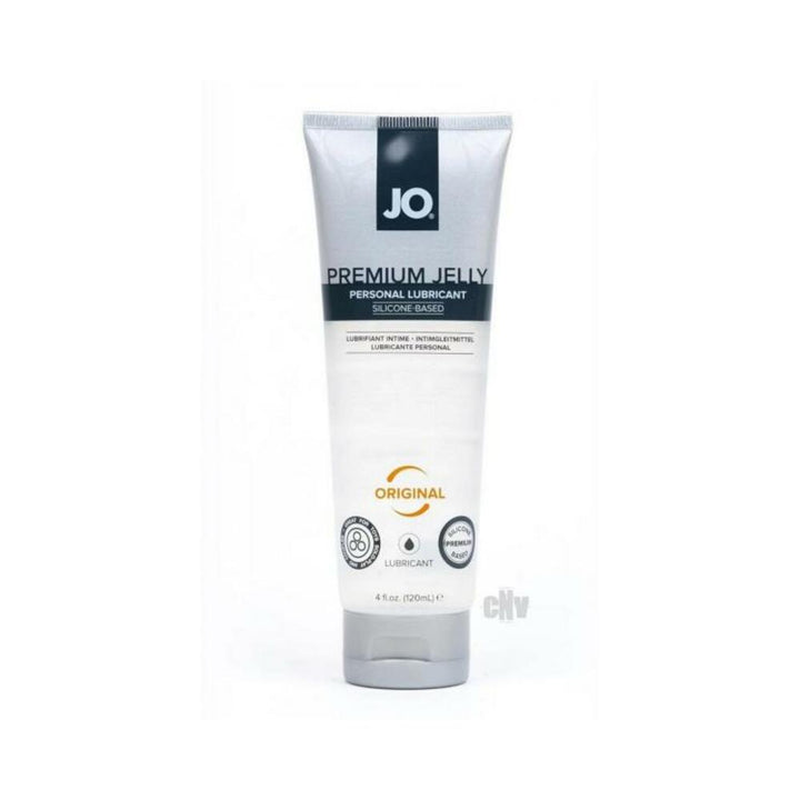 Tube of JO Premium Jelly Original silicone-based personal lubricant 4 oz with gray cap on white background.