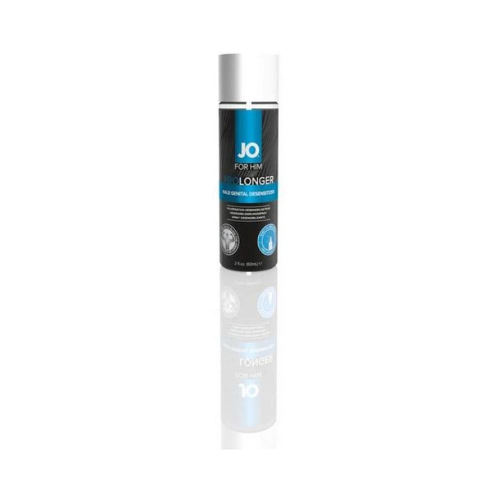 Bottle of JO Prolonger desensitizing spray for men with black and blue label on white background with reflection.