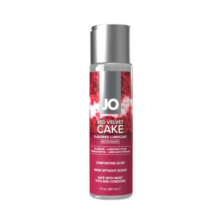 Bottle of Jo Red Velvet Cake flavored water-based lubricant with silver cap and red label design.