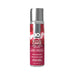 Bottle of Jo Red Velvet Cake flavored water-based lubricant with silver cap and red label design.
