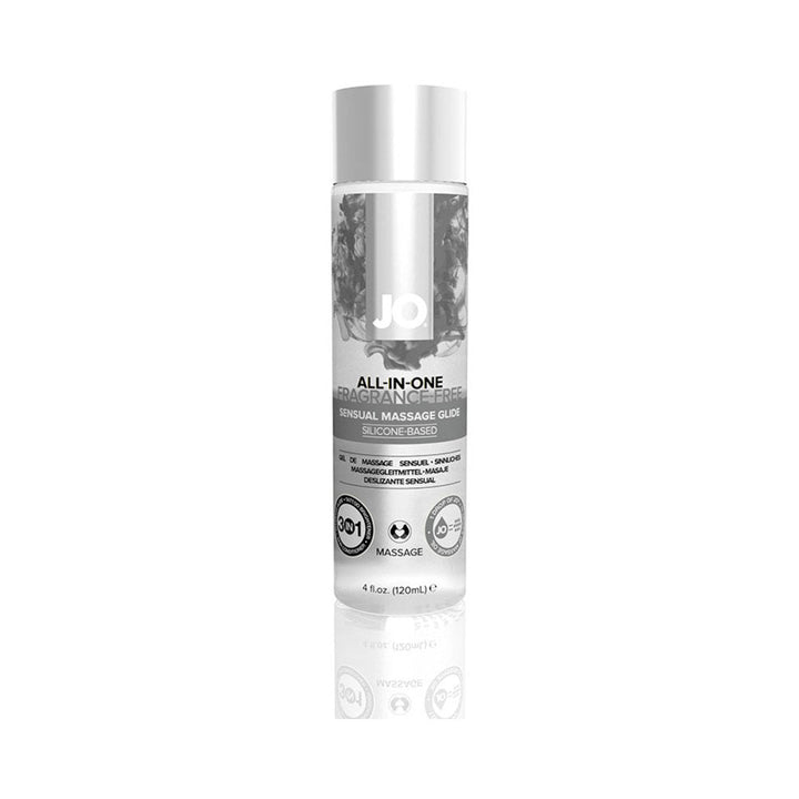 Clear 4 oz bottle of Jo Sensual Massage Glide All In One silicone-based, fragrance-free massage oil with white cap.