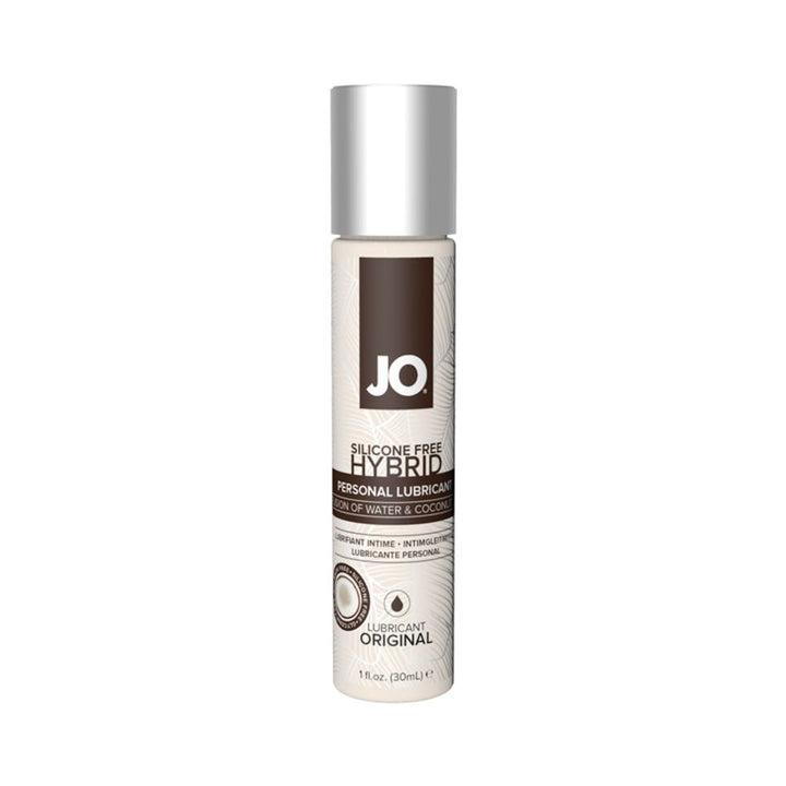 Bottle of Jo Silicone Free Hybrid personal lubricant with coconut and water blend, 1 fluid ounce size.