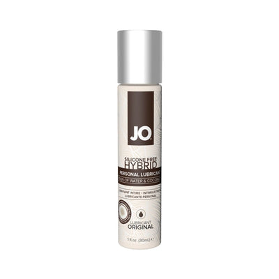 Bottle of Jo Silicone Free Hybrid personal lubricant with coconut and water blend, 1 fluid ounce size.