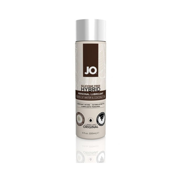 Bottle of Jo Silicone Free Hybrid Personal Lubricant with coconut oil, 4 fl oz, beige packaging with brown and white accents.