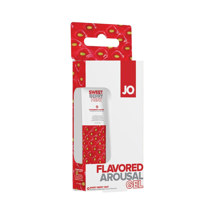 Jo Sweet Berry Heat flavored arousal gel in 0.34 oz tube with strawberry design packaging.