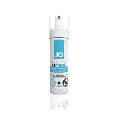 Bottle of JO Refresh unscented foaming toy cleaner with pump dispenser, 7oz size on white background.