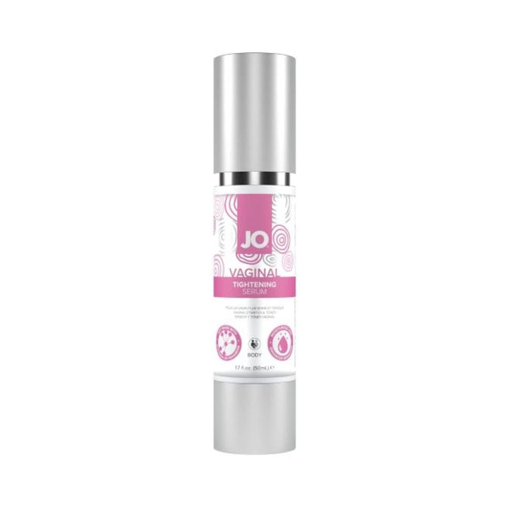 Bottle of JO Vaginal Tightening Serum 50 mL with a silver pump and pink and white label design.