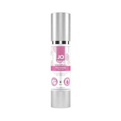 Bottle of JO Vaginal Tightening Serum 50 mL with a silver pump and pink and white label design.
