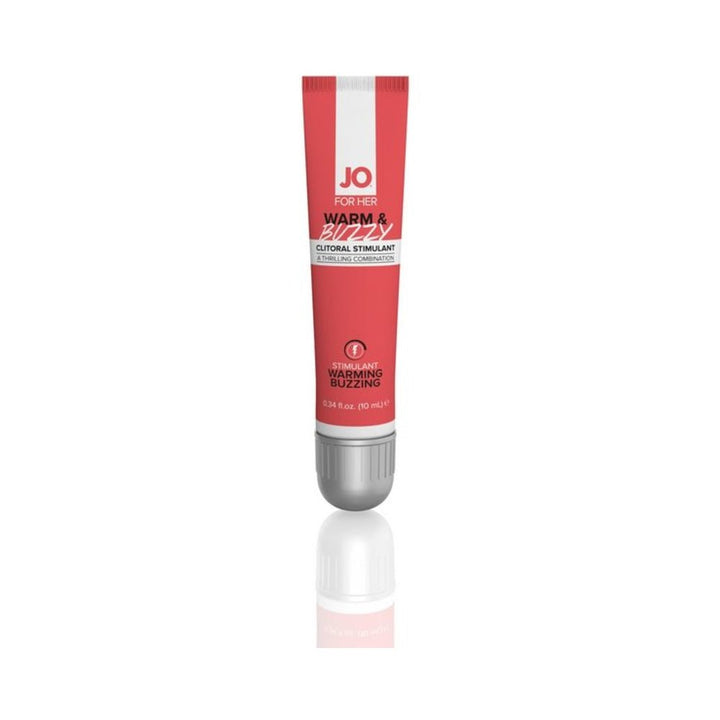 Tube of Jo Warm & Buzzy water-based clitoral stimulant in red and white packaging, 0.34 fl oz size.