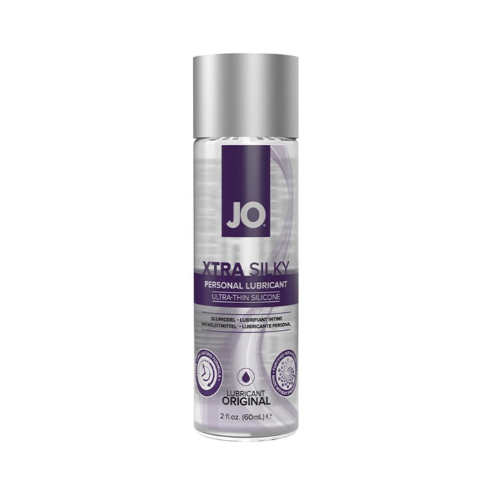 Bottle of JO Xtra Silky ultra-thin silicone personal lubricant with silver cap and purple label, 2 fl oz size.