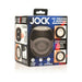 Jock 10x Vibrating Double Masturbator in black and gray with packaging highlighting vibration modes and textured interior features.