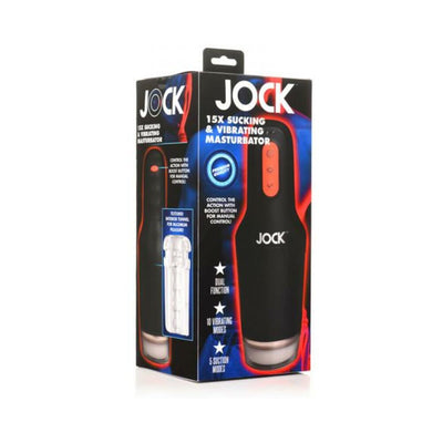 Packaging box of Jock 15x Sucking and Vibrating Masturbator with product image and feature highlights.