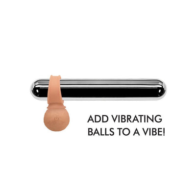 Silicone vibrating balls accessory attached to a sleek silver vibrator with text "Add vibrating balls to a vibe" on white background.