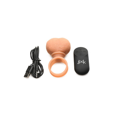 Jock 28x vibrating silicone balls with USB charging cable and black remote control on white background.