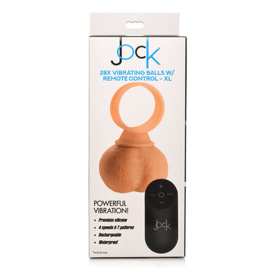 Packaging of Jock 28x Vibrating Silicone Balls Large with remote control, highlighting features like premium silicone, multiple speeds, and waterproof design.