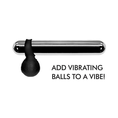 Black silicone vibrating balls attached to a silver vibrator with text Add vibrating balls to a vibe