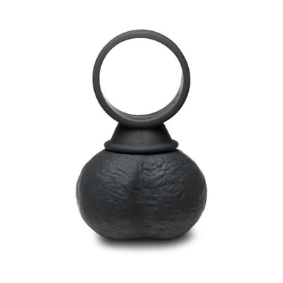 Black silicone vibrating balls with attached ring handle, textured surface, designed for versatile use.