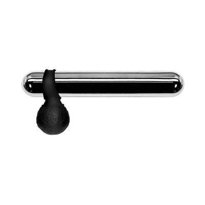 Black silicone vibrating ball attached to a sleek silver cylindrical accessory on a white background.