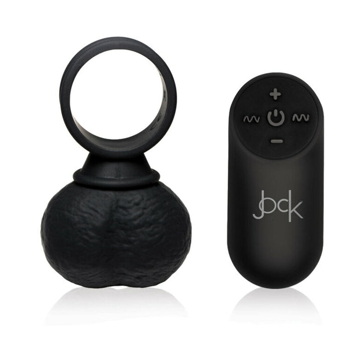 Black silicone vibrating ball ring with textured surface and matching remote control with buttons.