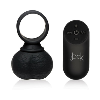 Black silicone vibrating ball ring with textured surface and matching remote control with buttons.