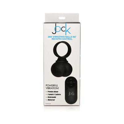 Packaging of Jock 28x black vibrating silicone balls with remote control, highlighting features and product image.