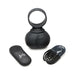 Black silicone vibrating balls with attached ring, remote control, and USB charging cable on white background.