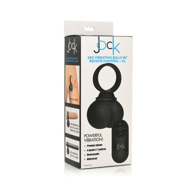 Packaging box of Jock 28x vibrating silicone balls with remote control in black, highlighting features and usage options.