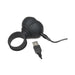 Black vibrating silicone balls with attached ring and USB charging cable on a white background.