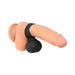 Black vibrating silicone ball attached to a realistic skin-tone silicone model for size and fit demonstration.