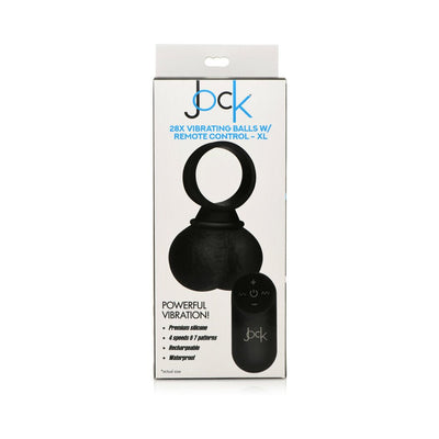 Packaging of Jock 28x vibrating silicone balls XL in black with remote control and product features listed.