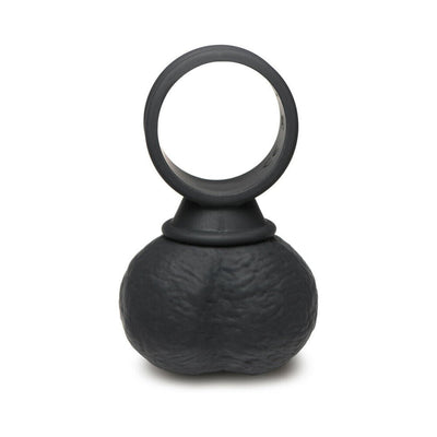 Black silicone vibrating balls with attached ring handle, textured surface, designed for versatile use.