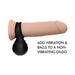 Black vibrating silicone ball attachment shown on a realistic dildo with text about adding vibration and balls to a non-vibrating dildo.
