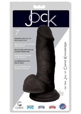 Black 7-inch realistic dildo with textured shaft and balls, suction cup base, displayed in clear retail packaging.
