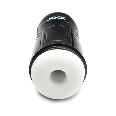 Black and white Jock 9x rechargeable sucking and vibrating male masturbator with textured inner sleeve.