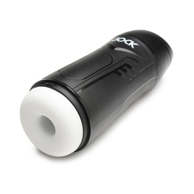 Black and white rechargeable Jock 9x sucking and vibrating male masturbator device on white background.