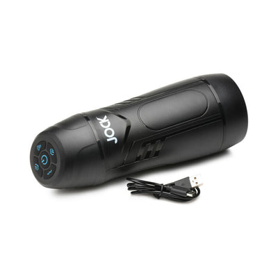 Black Jock 9x rechargeable sucking and vibrating male masturbator with control buttons and USB charging cable.