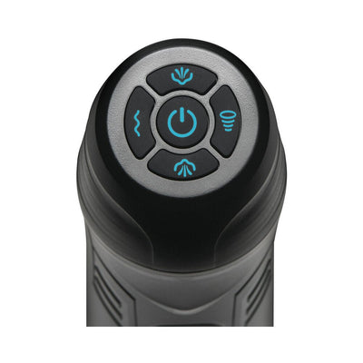 Close-up of the Jock 9x Masturbator control panel featuring power and mode buttons with blue icons on a black surface.